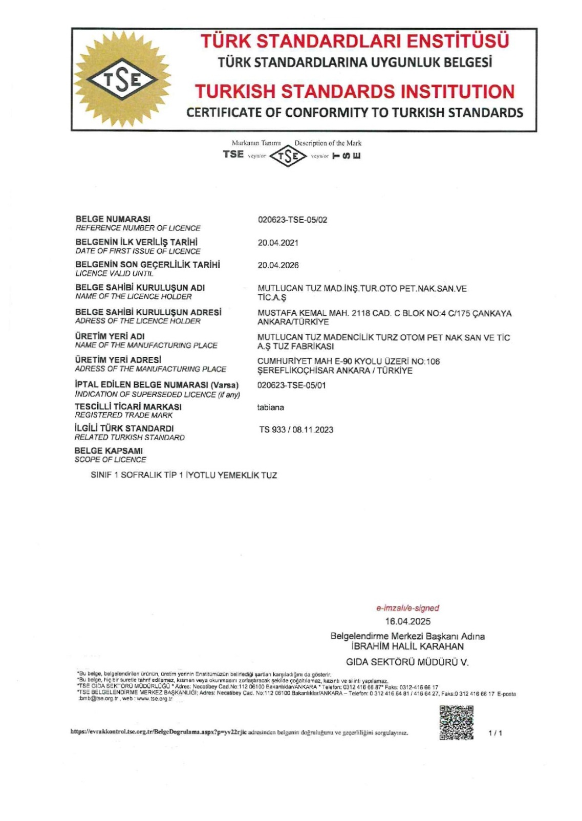 TSE UYGUNLUK BELGESİ