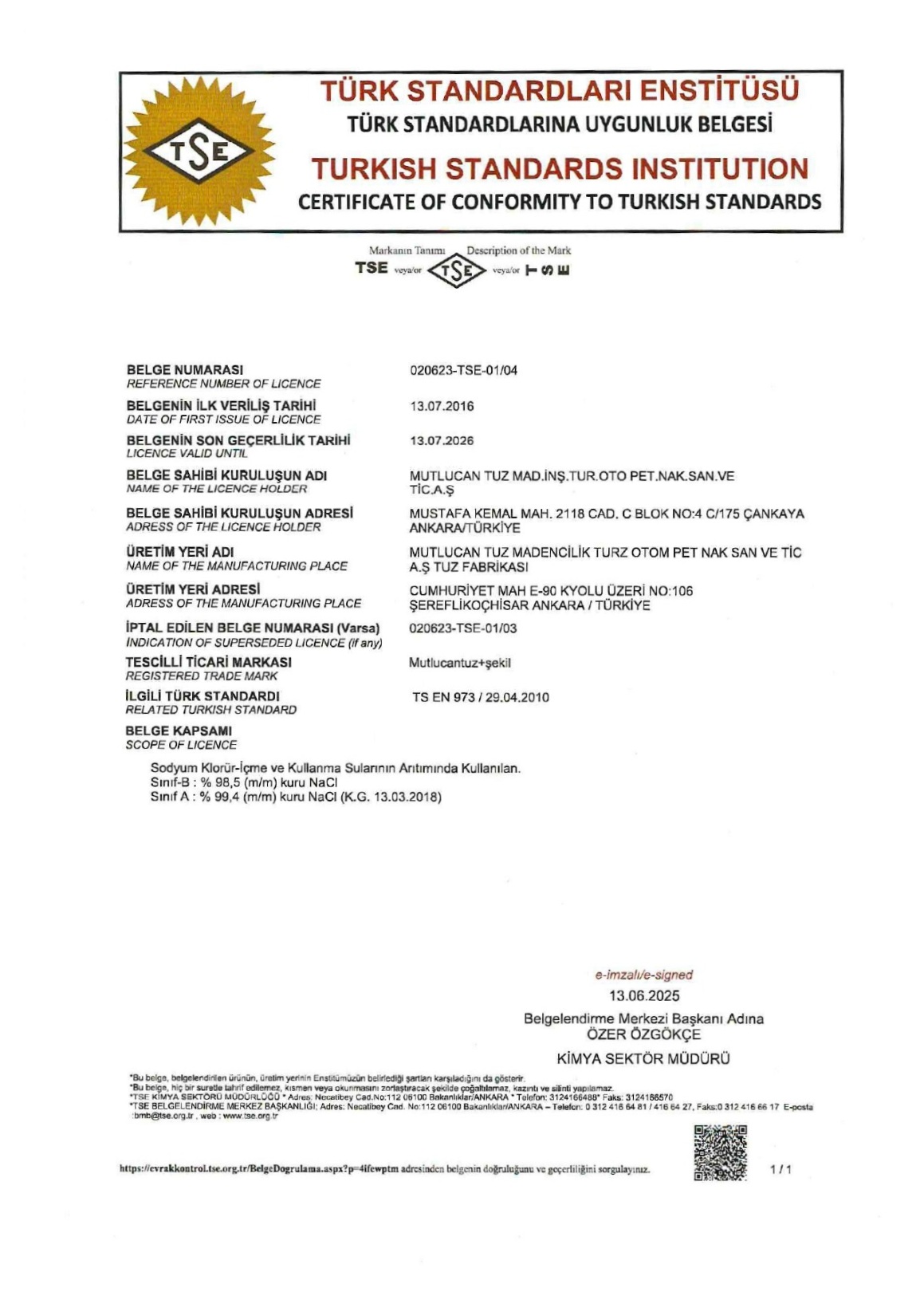 TSE UYGUNLUK BELGESİ